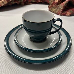 Denby, Greenwich Dish set Footed Cup, Saucer, & Lunch Plate Green & white 3 pc